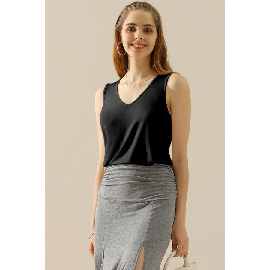 Ninexis Full Size V - Neck Curved Hem Tank Apparel and Accessories