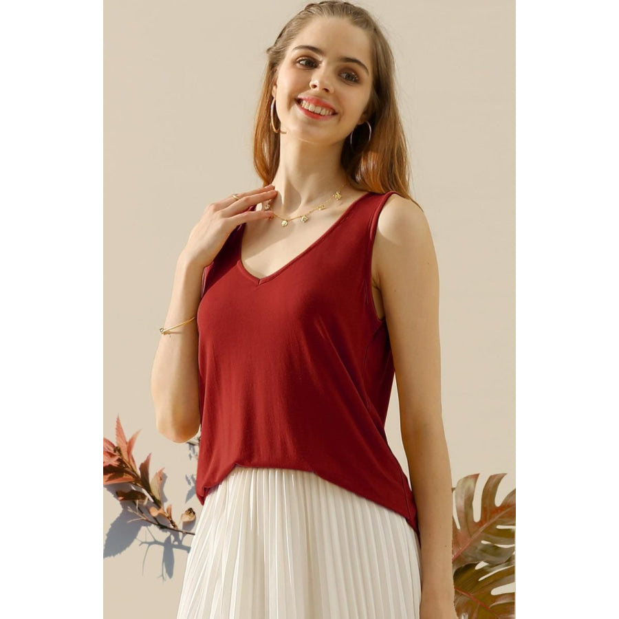 Ninexis Full Size V - Neck Curved Hem Tank BURGUNDY / S Apparel and Accessories