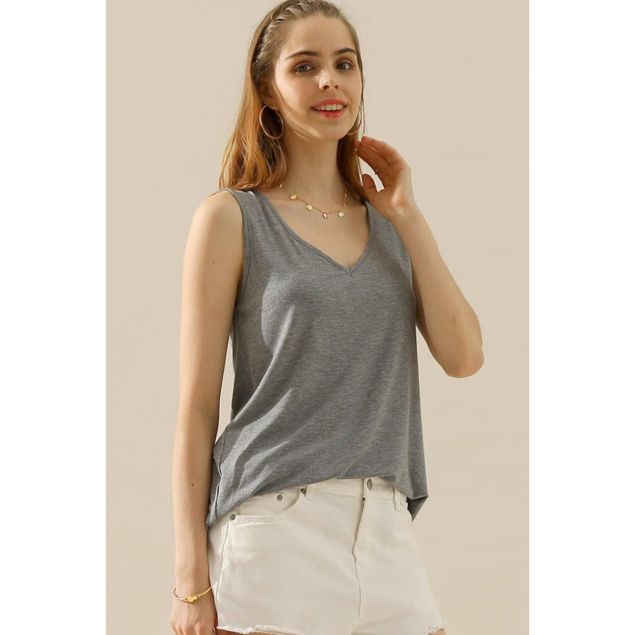 Ninexis Full Size V - Neck Curved Hem Tank H GREY / S Apparel and Accessories