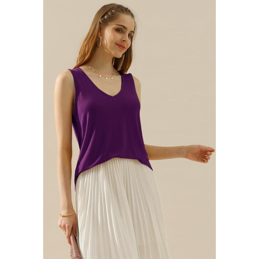 Ninexis Full Size V - Neck Curved Hem Tank PLUM / S Apparel and Accessories