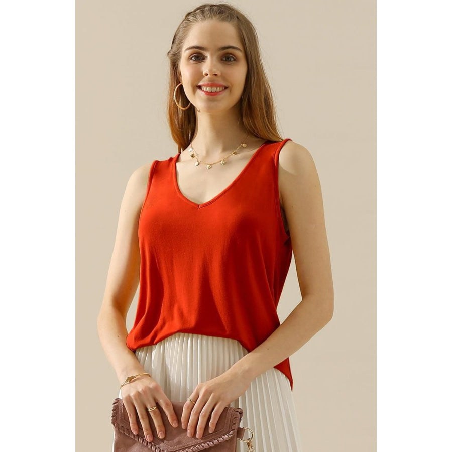 Ninexis Full Size V - Neck Curved Hem Tank RED / S Apparel and Accessories