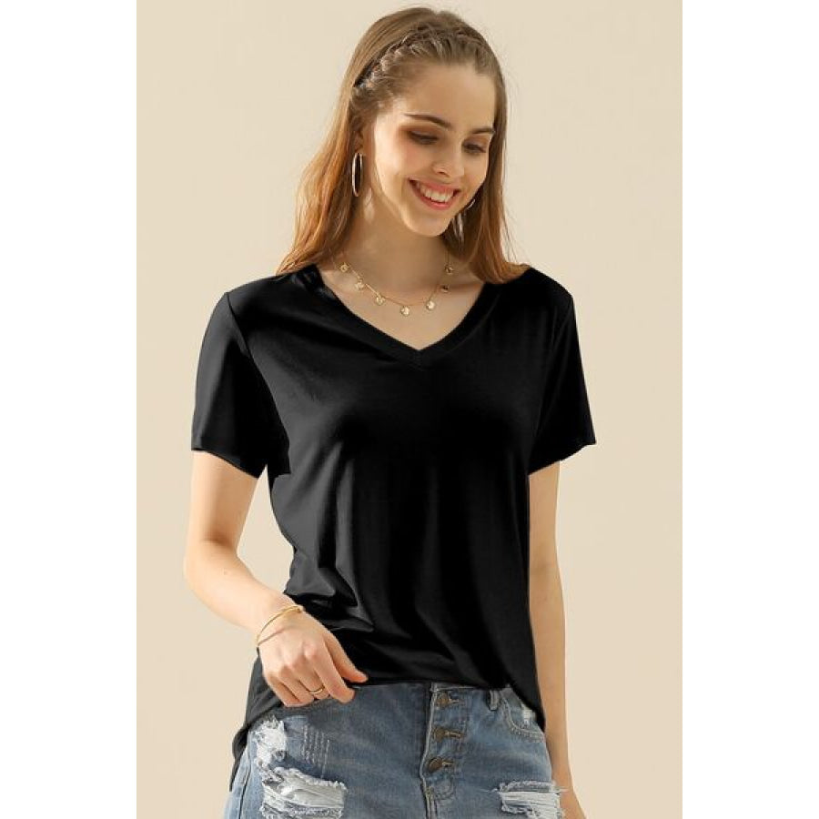 Ninexis Full Size V - Neck Short Sleeve T - Shirt BLACK / S Apparel and Accessories