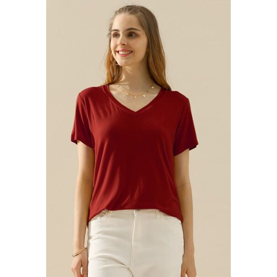 Ninexis Full Size V - Neck Short Sleeve T - Shirt BURGUNDY / S Apparel and Accessories