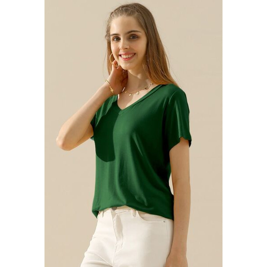 Ninexis Full Size V - Neck Short Sleeve T - Shirt DEEP GREEN / S Apparel and Accessories