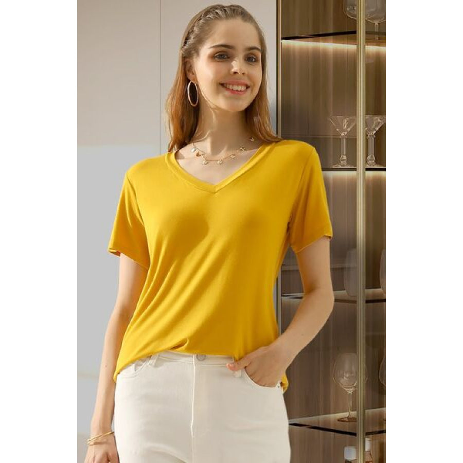 Ninexis Full Size V - Neck Short Sleeve T - Shirt MUSTARD / S Apparel and Accessories