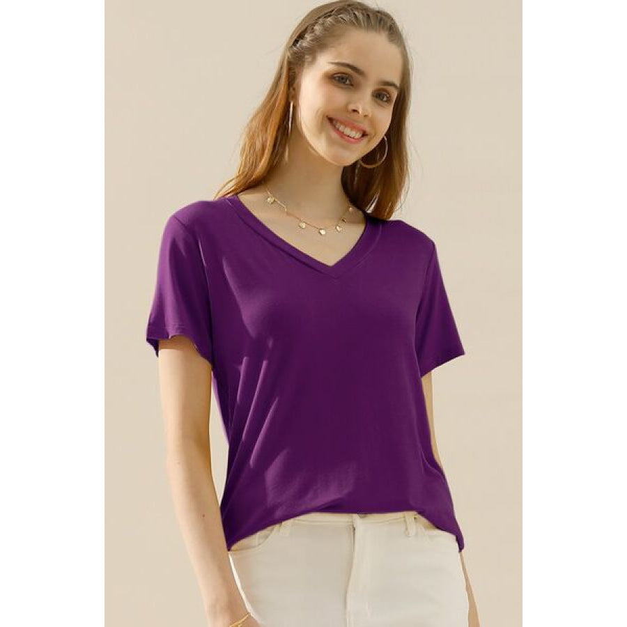 Ninexis Full Size V - Neck Short Sleeve T - Shirt PLUM / S Apparel and Accessories