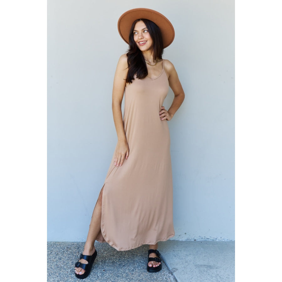 Ninexis Good Energy Full Size Cami Side Slit Maxi Dress in Camel