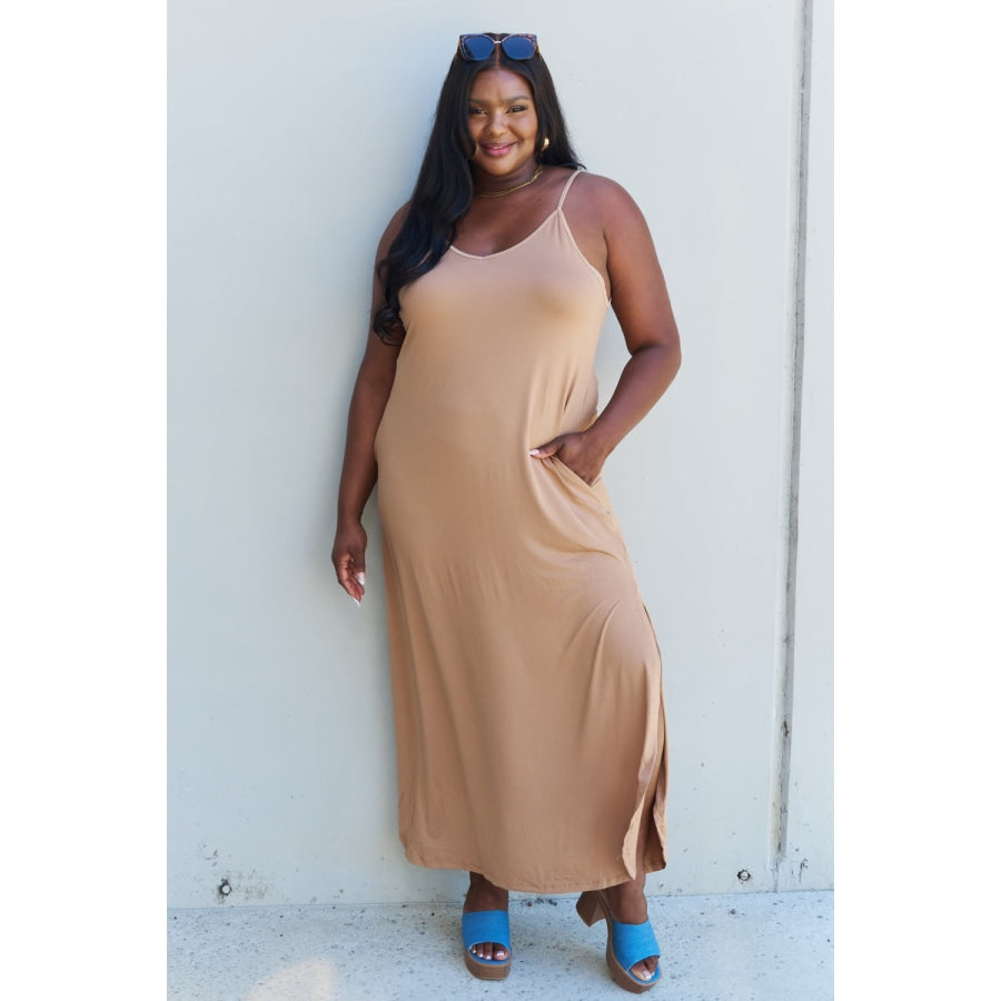 Ninexis Good Energy Full Size Cami Side Slit Maxi Dress in Camel