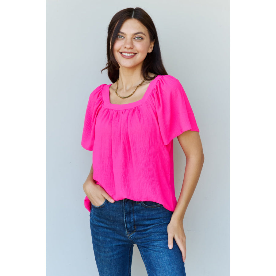 Ninexis Keep Me Close Square Neck Short Sleeve Blouse in Fuchsia Fuchsia / S Apparel and Accessories