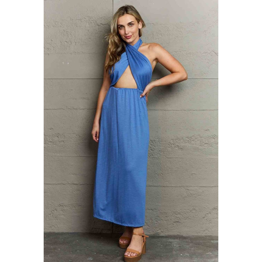 Ninexis Know Your Worth Criss Cross Halter Neck Maxi Dress Cobalt Blue / S Apparel and Accessories