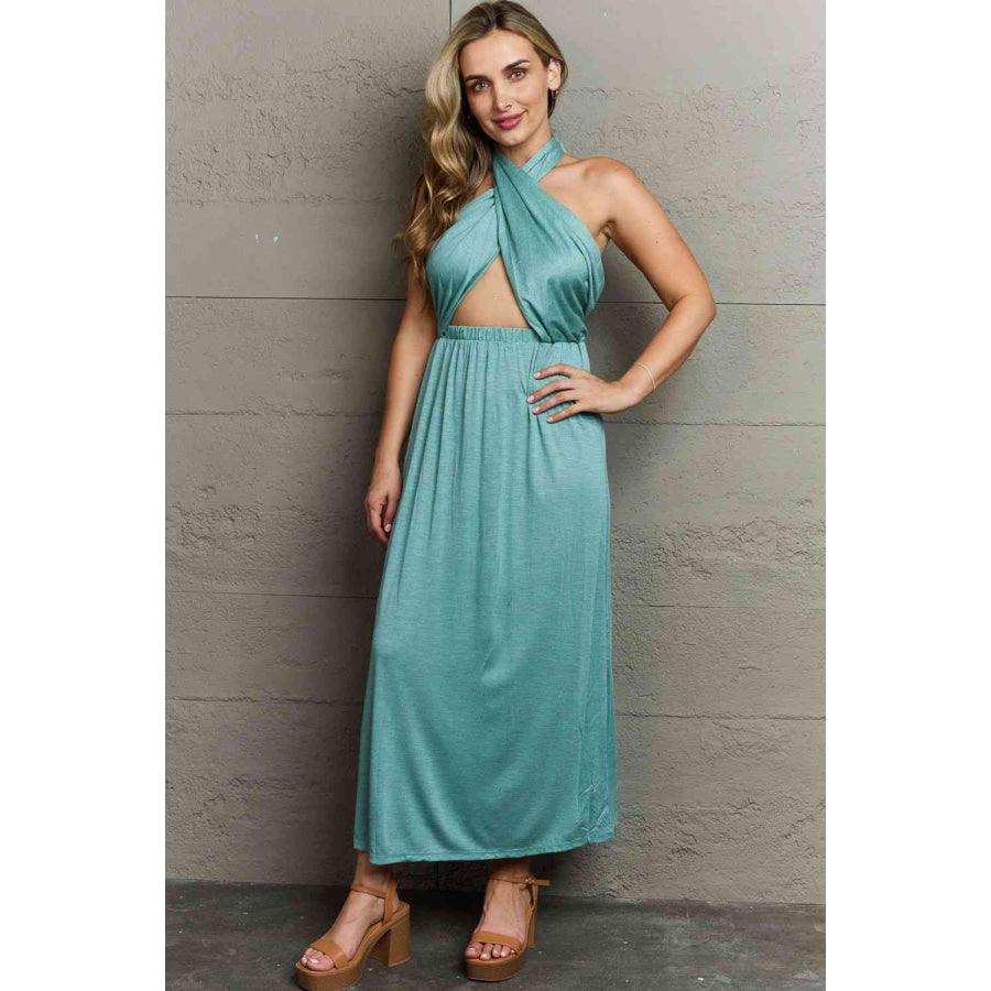 Ninexis Know Your Worth Criss Cross Halter Neck Maxi Dress Teal / S Apparel and Accessories