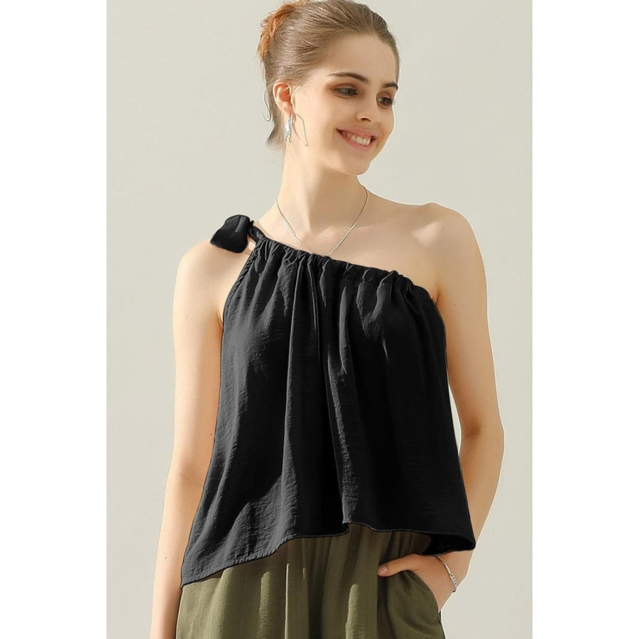 Ninexis One Shoulder Bow Tie Strap Satin Silk Top Black / S Apparel and Accessories