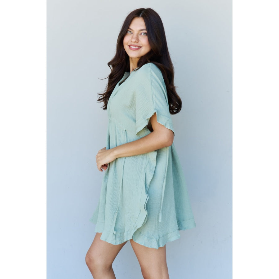 Ninexis Out Of Time Full Size Ruffle Hem Dress with Drawstring Waistband in Light Sage