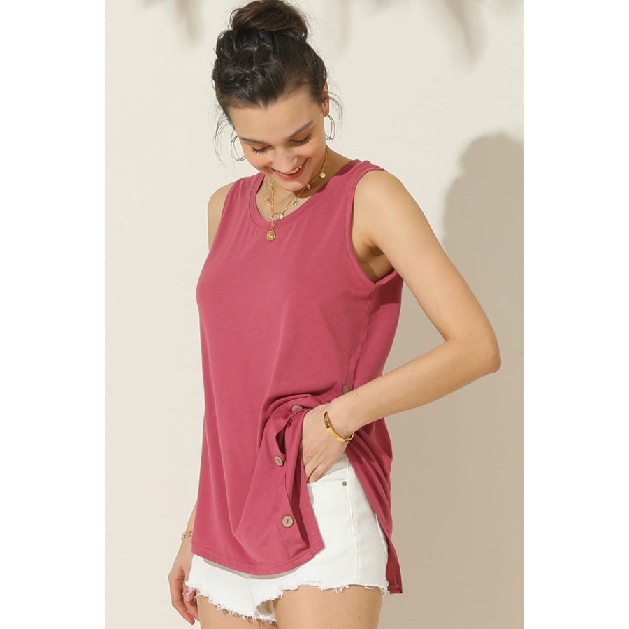Ninexis Round Neck Button Side Tank DARK PINK / S Apparel and Accessories