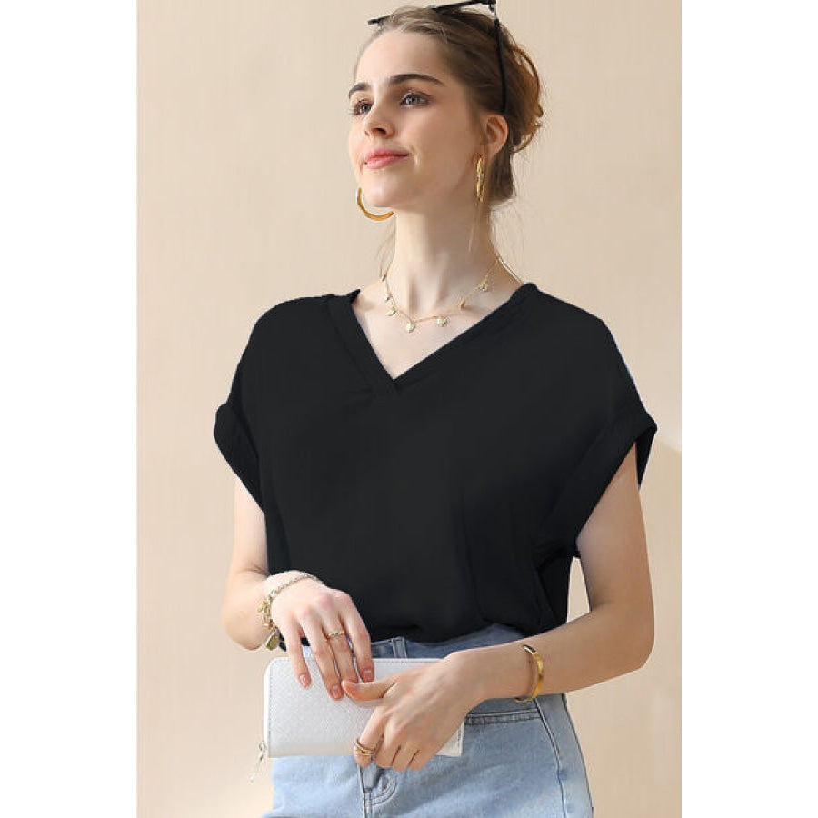Ninexis V - Neck Trim Rolled Short Sleeve Shirt Apparel and Accessories