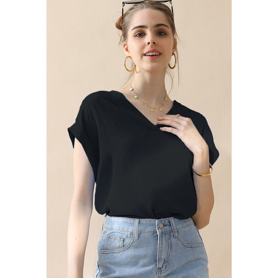 Ninexis V - Neck Trim Rolled Short Sleeve Shirt BLACK / S Apparel and Accessories