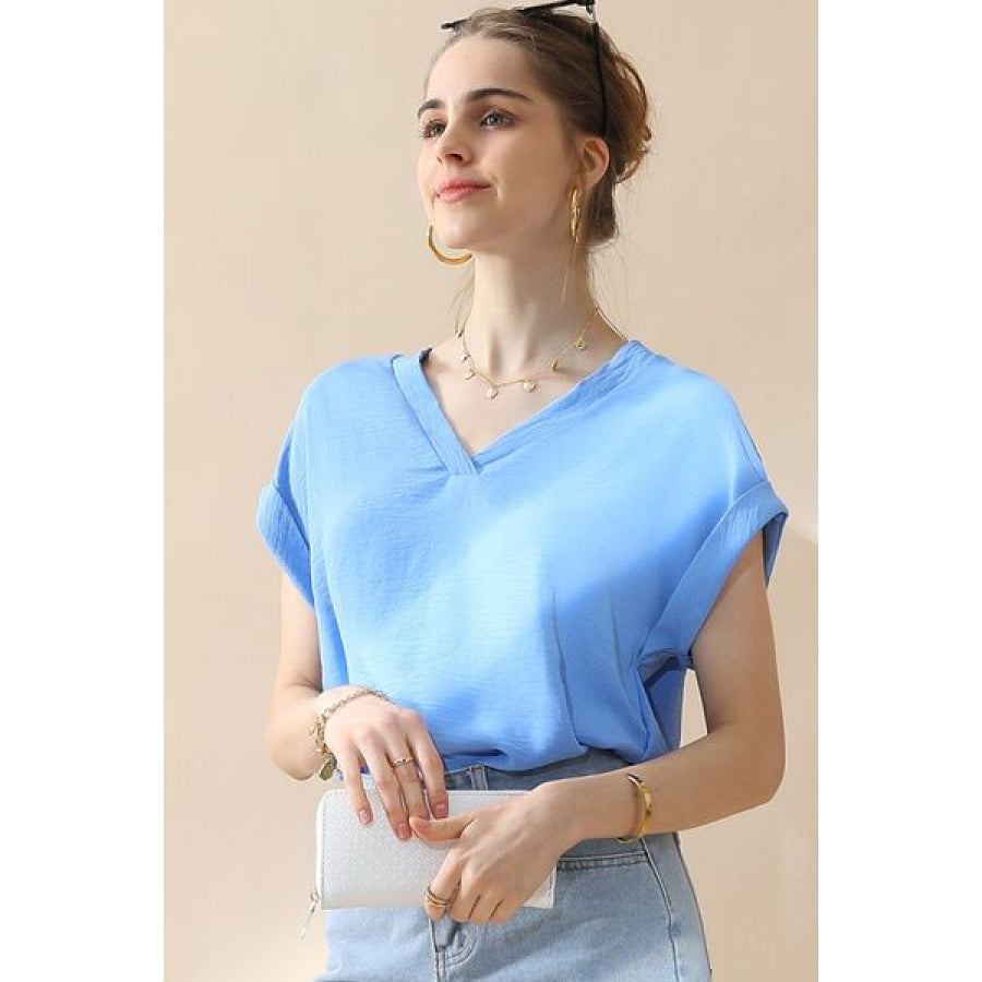 Ninexis V - Neck Trim Rolled Short Sleeve Shirt BLUE / S Apparel and Accessories