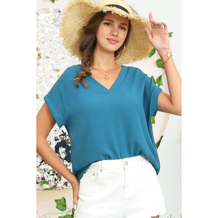 Ninexis V - Neck Trim Rolled Short Sleeve Shirt TEAL / S Apparel and Accessories