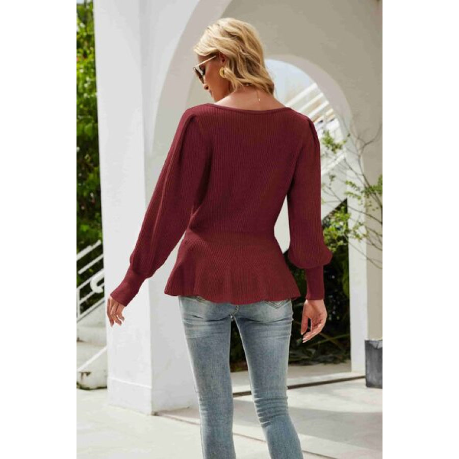 （No）Ribbed Round Neck Lantern Sleeve Sweater Clothing