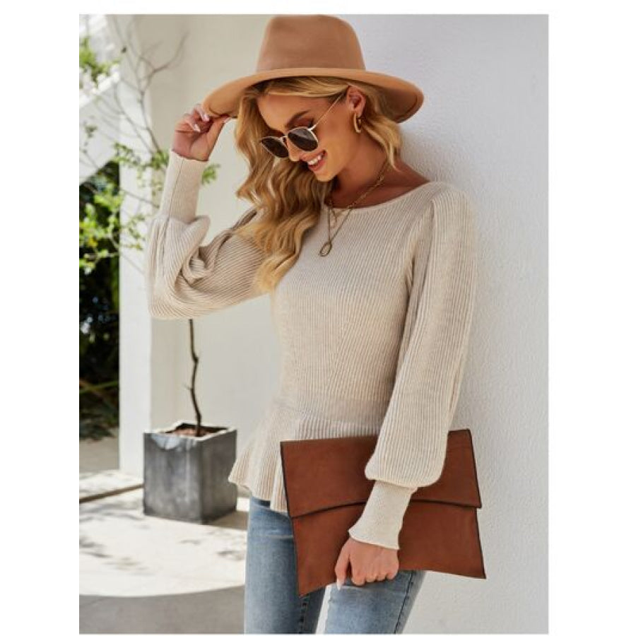 （No）Ribbed Round Neck Lantern Sleeve Sweater Cream / S Clothing