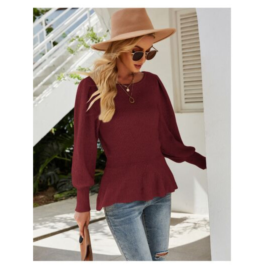 （No）Ribbed Round Neck Lantern Sleeve Sweater Wine / S Clothing