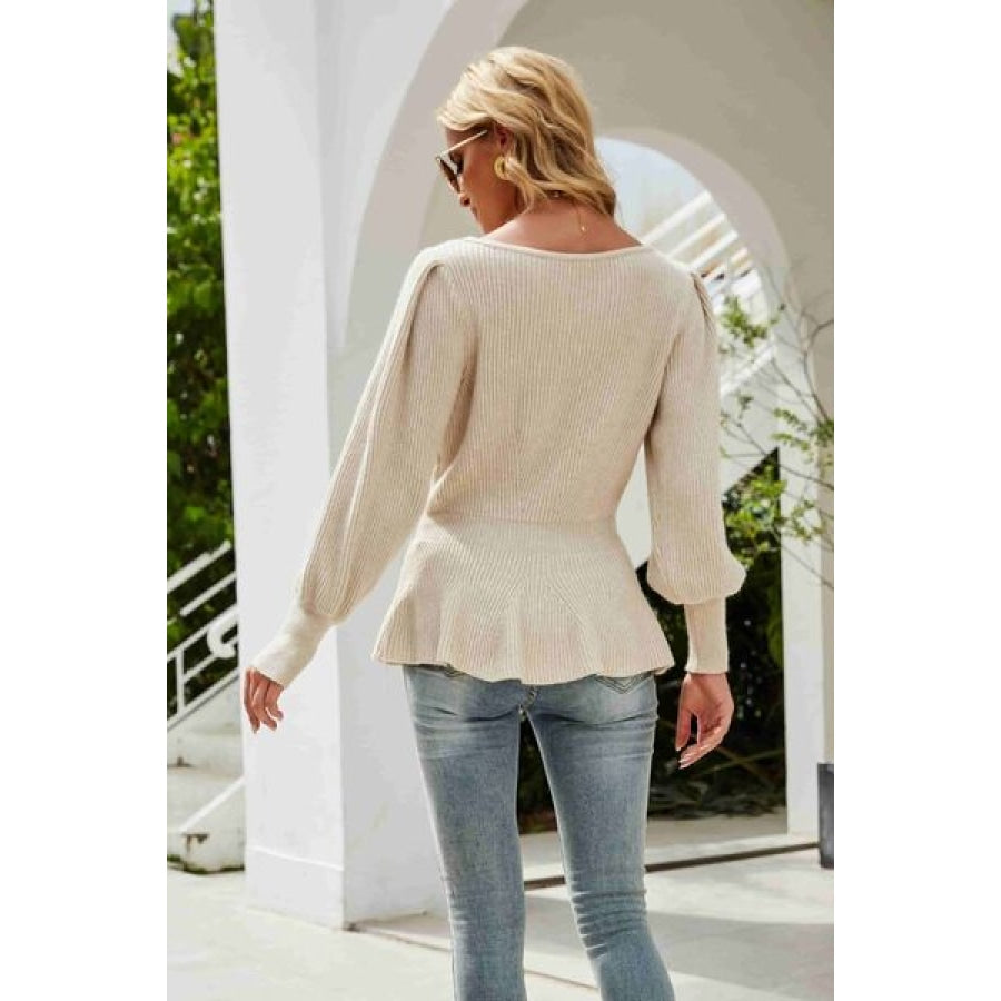 （No）Ribbed Round Neck Lantern Sleeve Sweater Clothing