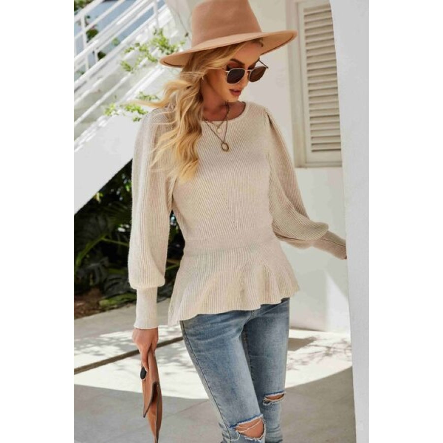 （No）Ribbed Round Neck Lantern Sleeve Sweater Clothing