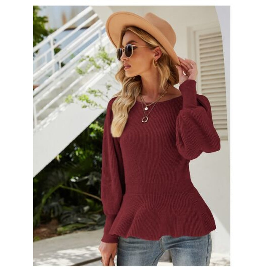 （No）Ribbed Round Neck Lantern Sleeve Sweater Clothing