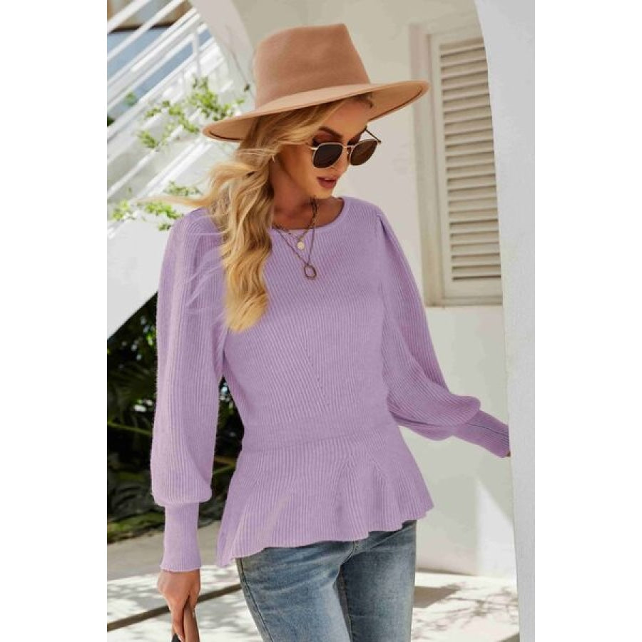 （No）Ribbed Round Neck Lantern Sleeve Sweater Clothing