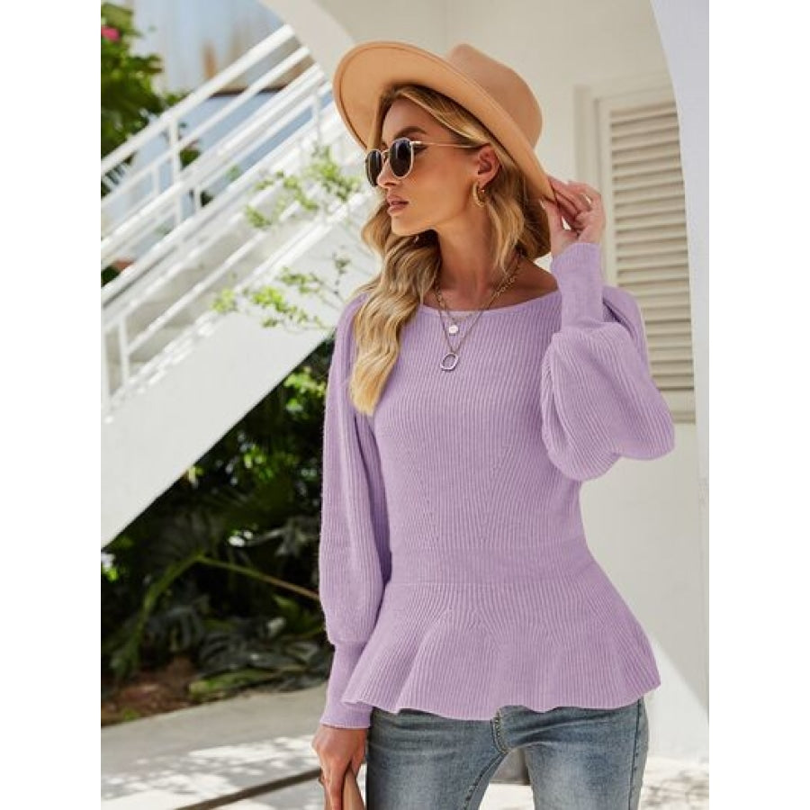 （No）Ribbed Round Neck Lantern Sleeve Sweater Lavender / S Clothing