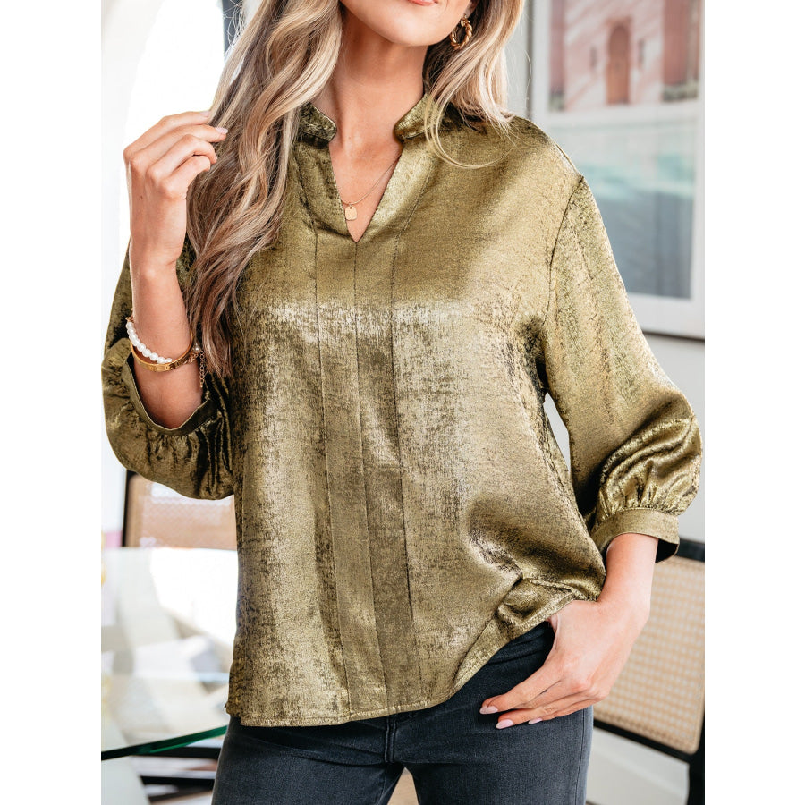 Notched 3/4 Sleeve Blouse Apparel and Accessories