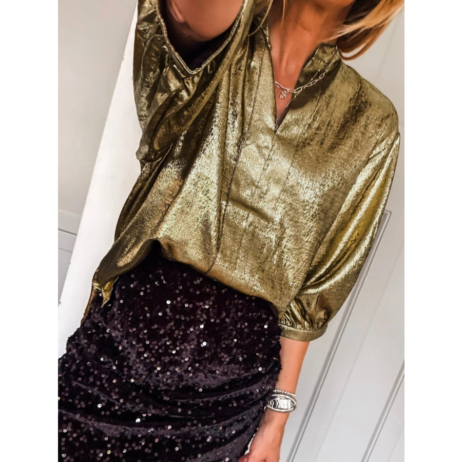Notched 3/4 Sleeve Blouse Apparel and Accessories