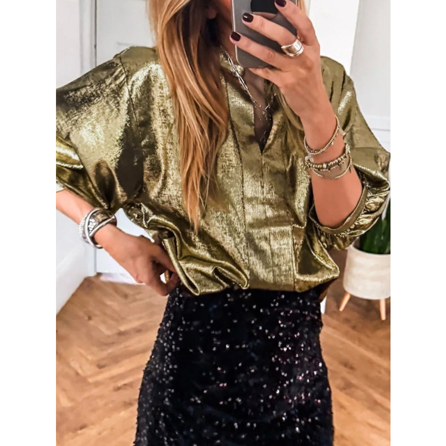 Notched 3/4 Sleeve Blouse Apparel and Accessories