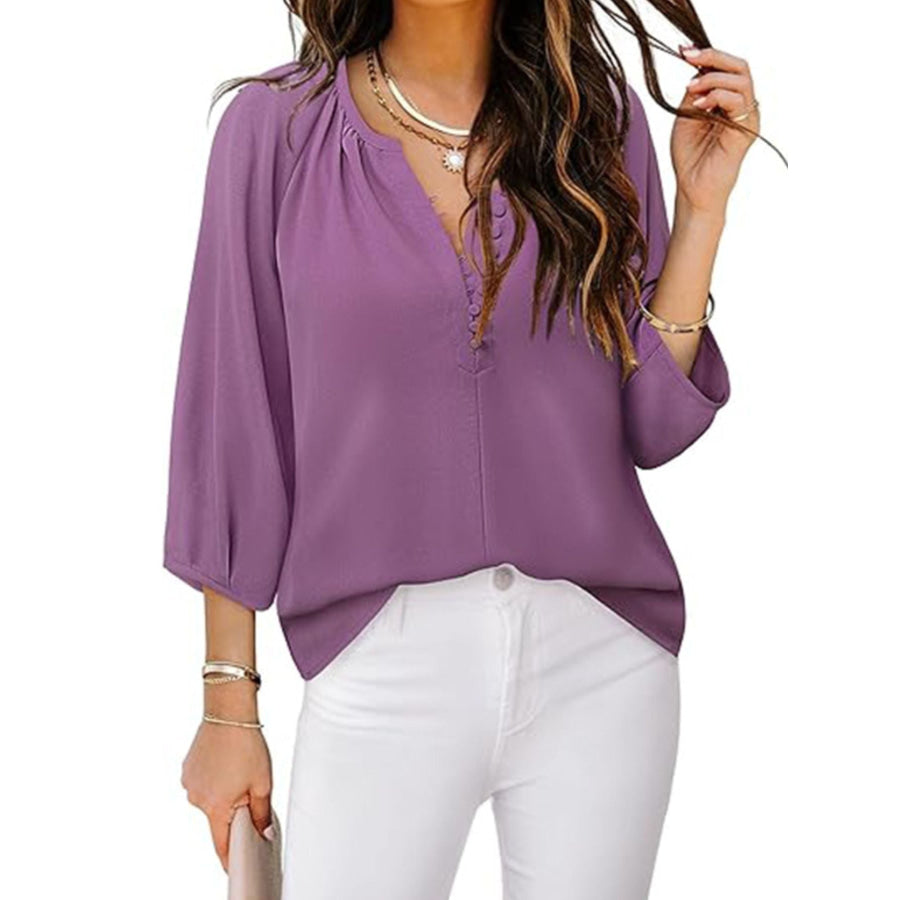 Notched 3/4 Sleeve Blouse Lilac / S Apparel and Accessories
