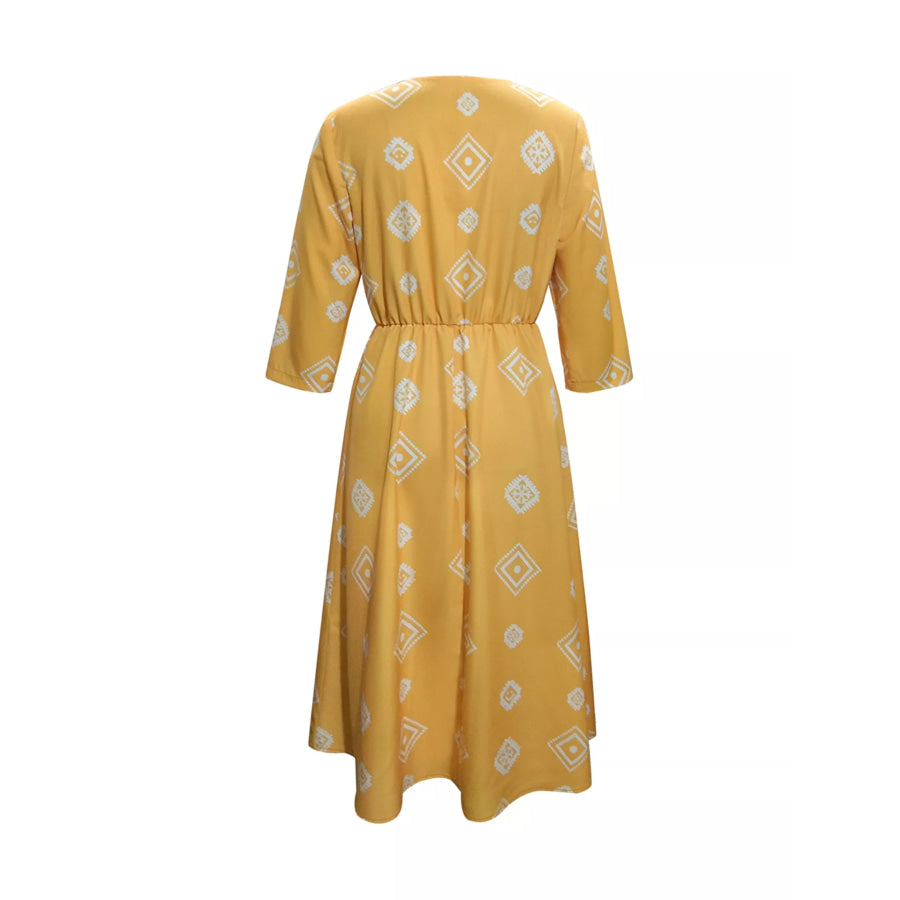 Notched 3/4 Sleeve Midi Dress Apparel and Accessories