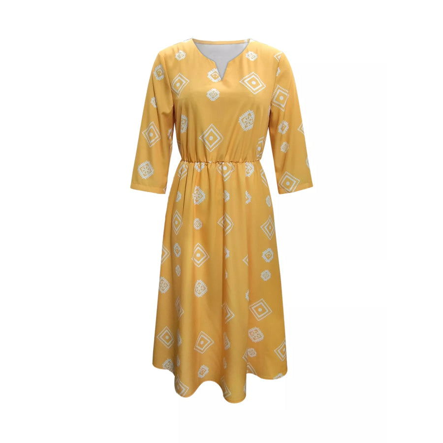 Notched 3/4 Sleeve Midi Dress Apparel and Accessories