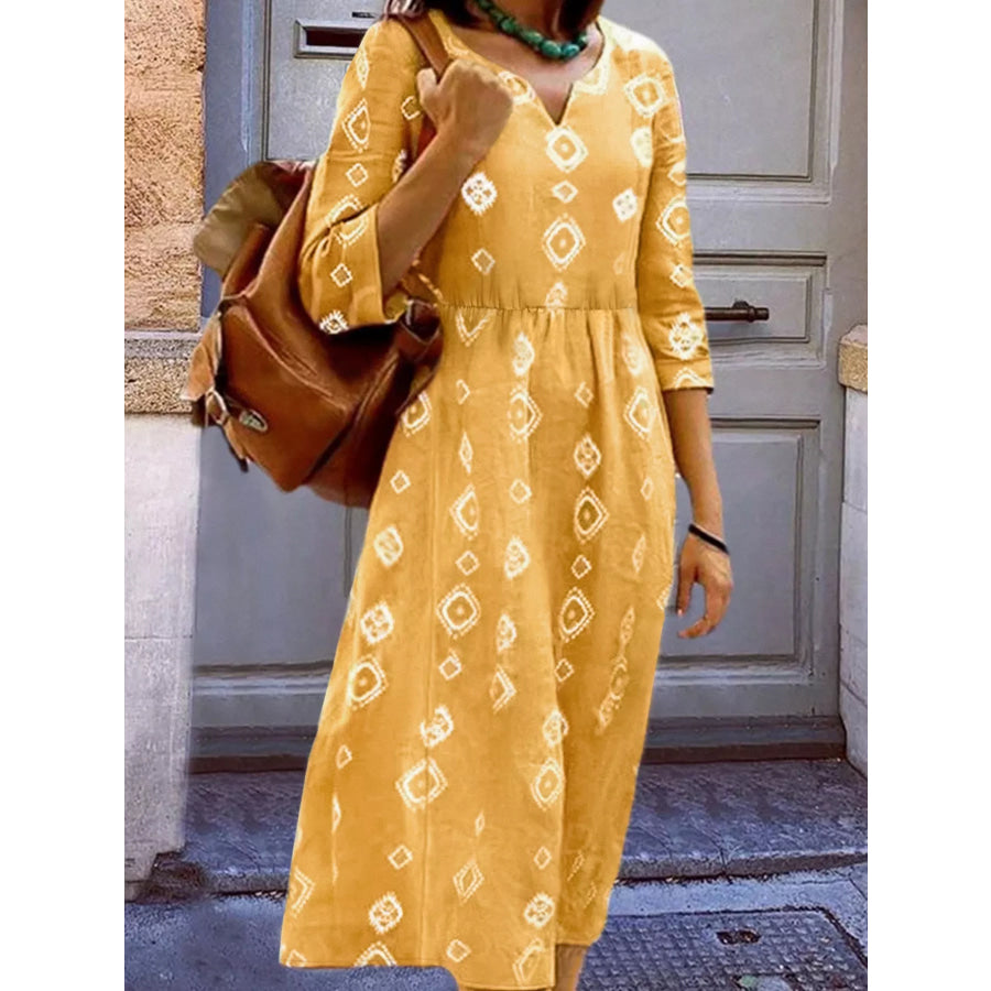 Notched 3/4 Sleeve Midi Dress Gold / S Apparel and Accessories