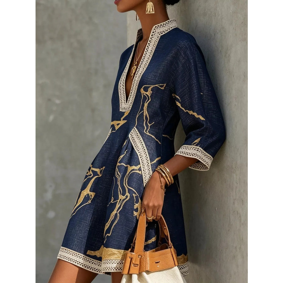 Notched 3/4 Sleeve Mini Dress Apparel and Accessories