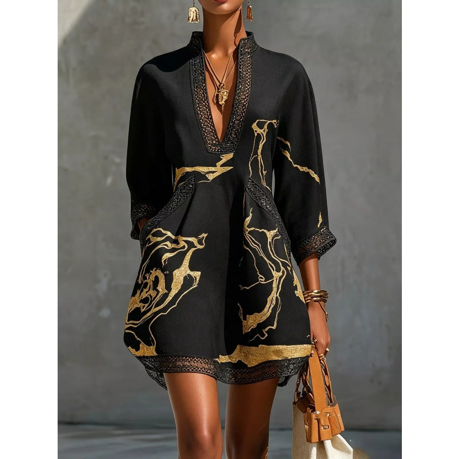Notched 3/4 Sleeve Mini Dress Apparel and Accessories