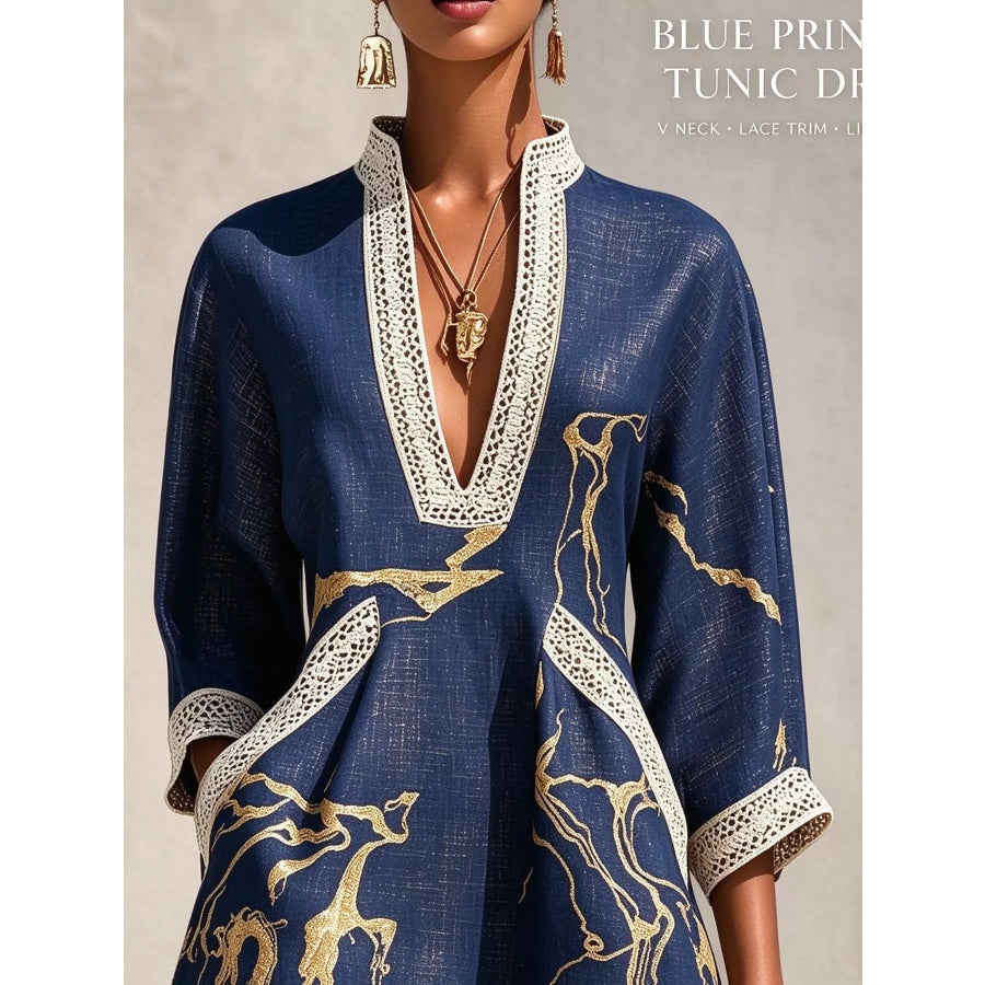 Notched 3/4 Sleeve Mini Dress Apparel and Accessories