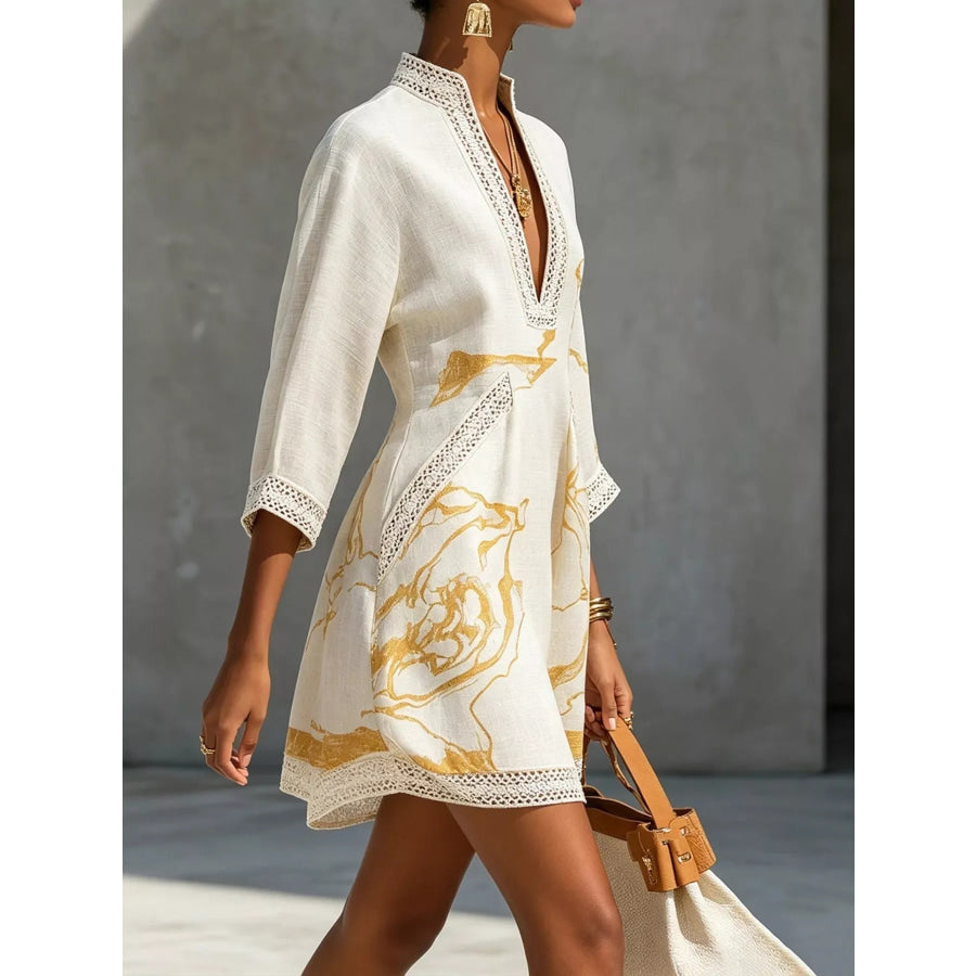 Notched 3/4 Sleeve Mini Dress Apparel and Accessories