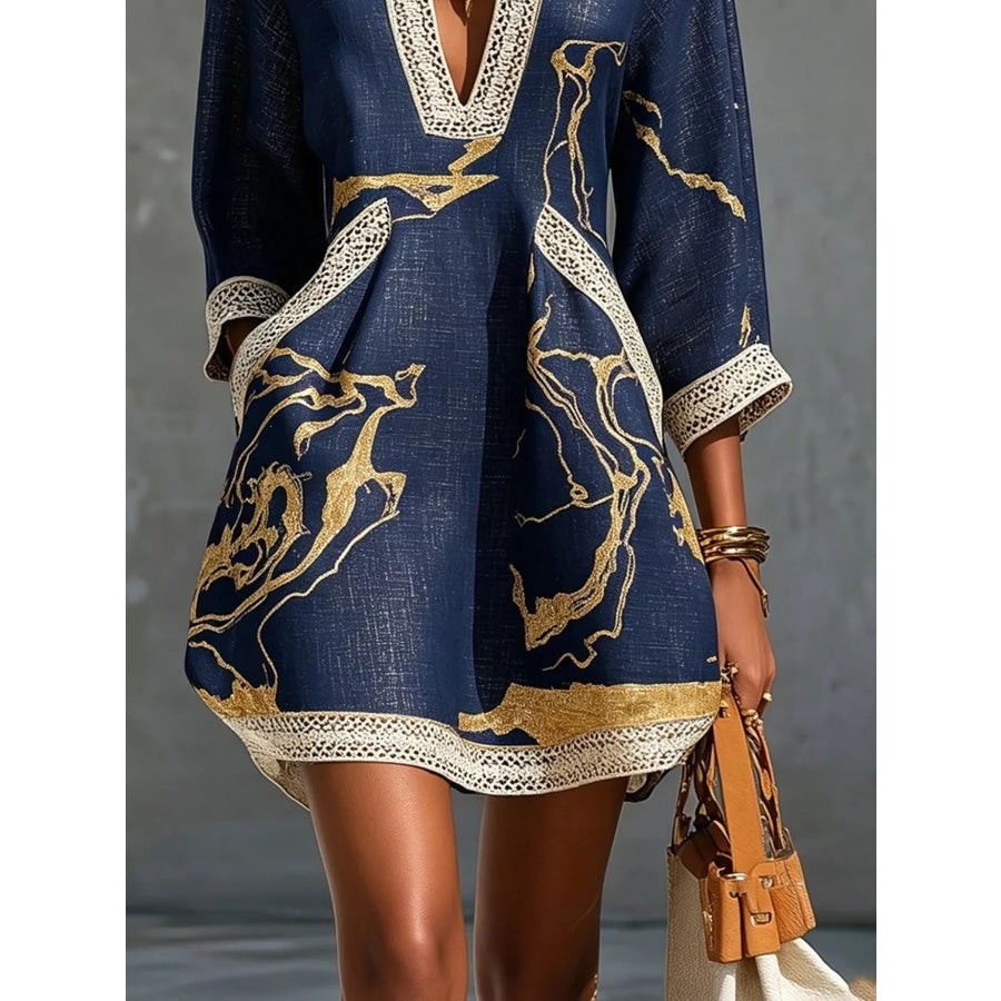 Notched 3/4 Sleeve Mini Dress Apparel and Accessories