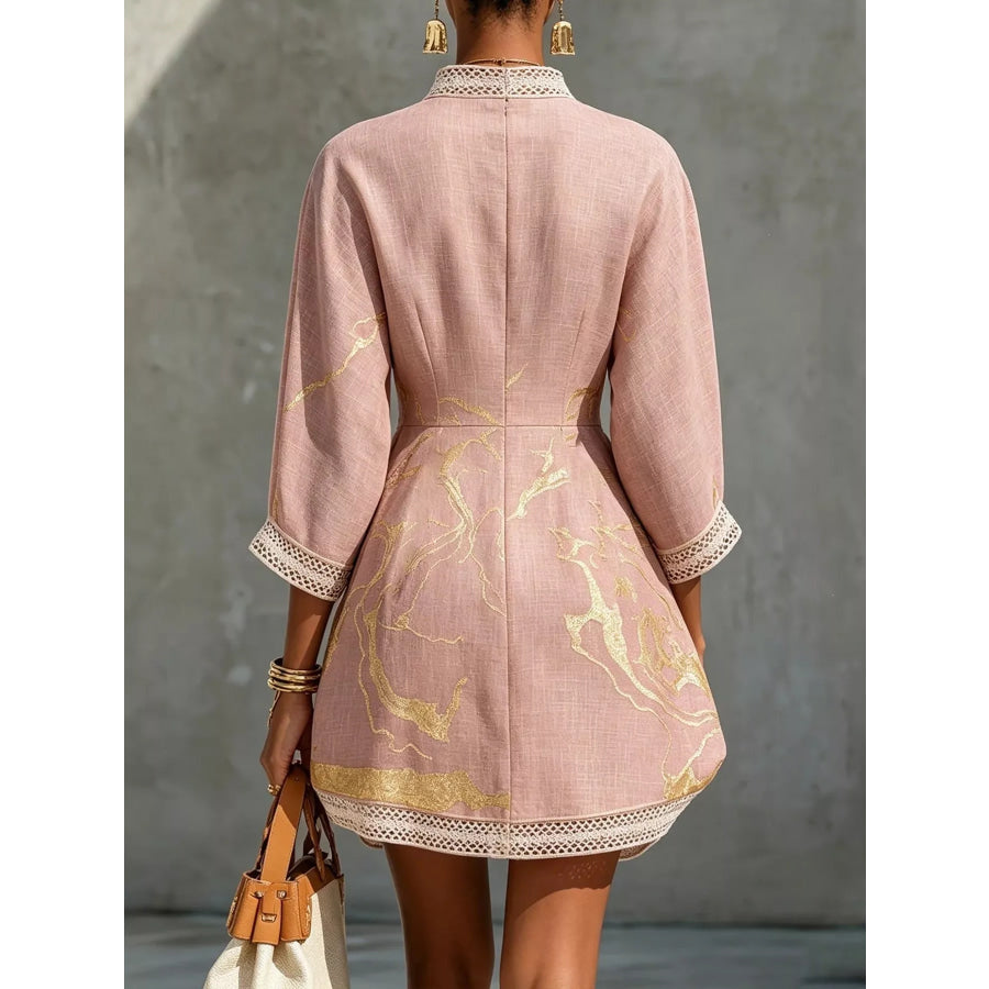 Notched 3/4 Sleeve Mini Dress Apparel and Accessories