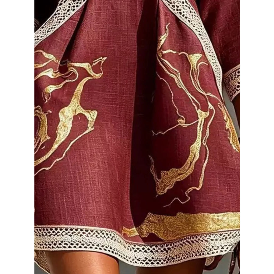 Notched 3/4 Sleeve Mini Dress Apparel and Accessories