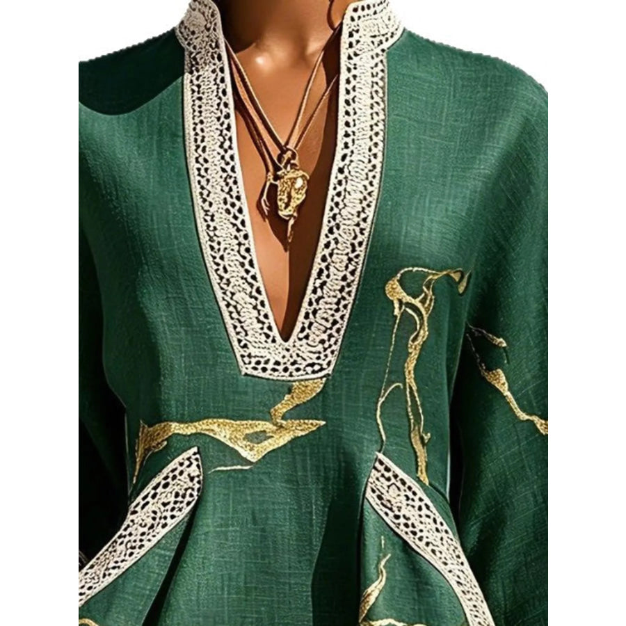 Notched 3/4 Sleeve Mini Dress Apparel and Accessories