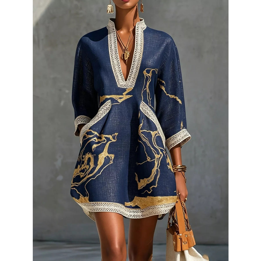 Notched 3/4 Sleeve Mini Dress Apparel and Accessories
