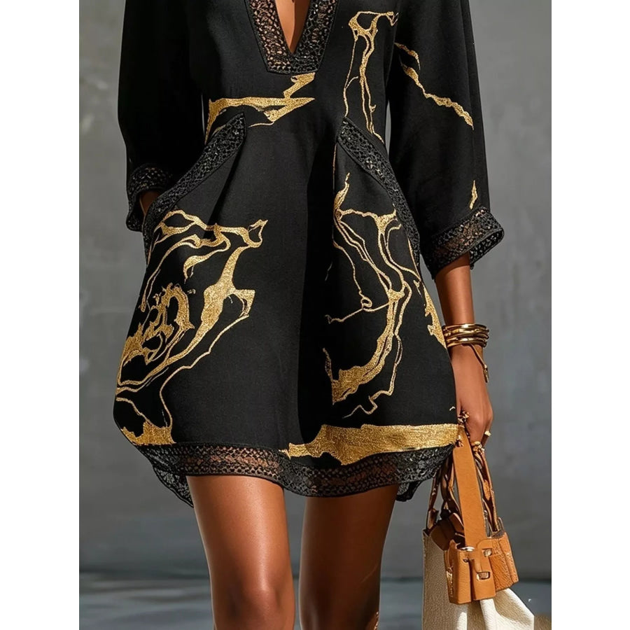 Notched 3/4 Sleeve Mini Dress Apparel and Accessories