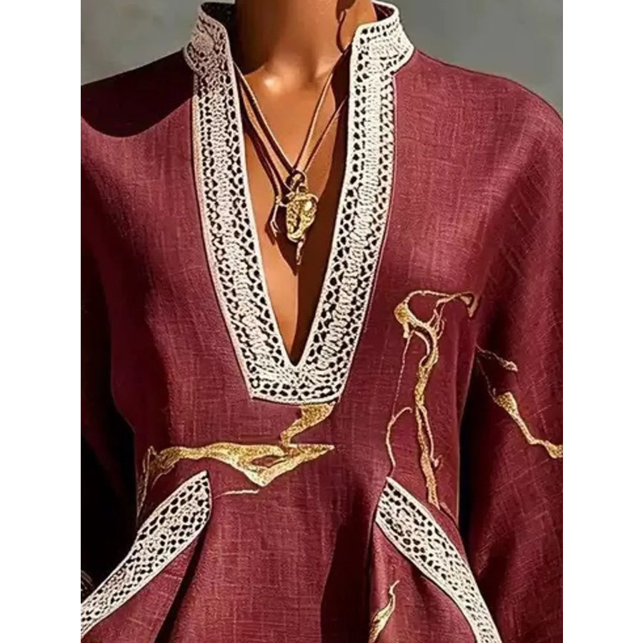 Notched 3/4 Sleeve Mini Dress Apparel and Accessories