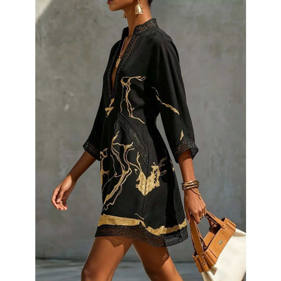 Notched 3/4 Sleeve Mini Dress Apparel and Accessories
