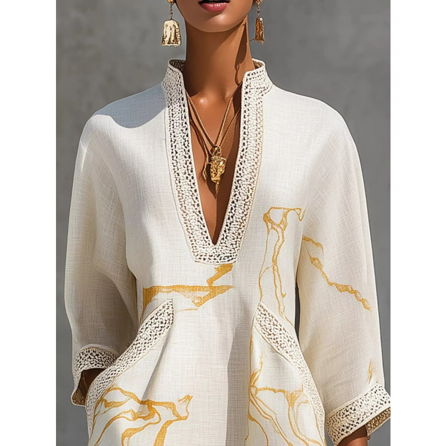 Notched 3/4 Sleeve Mini Dress Apparel and Accessories